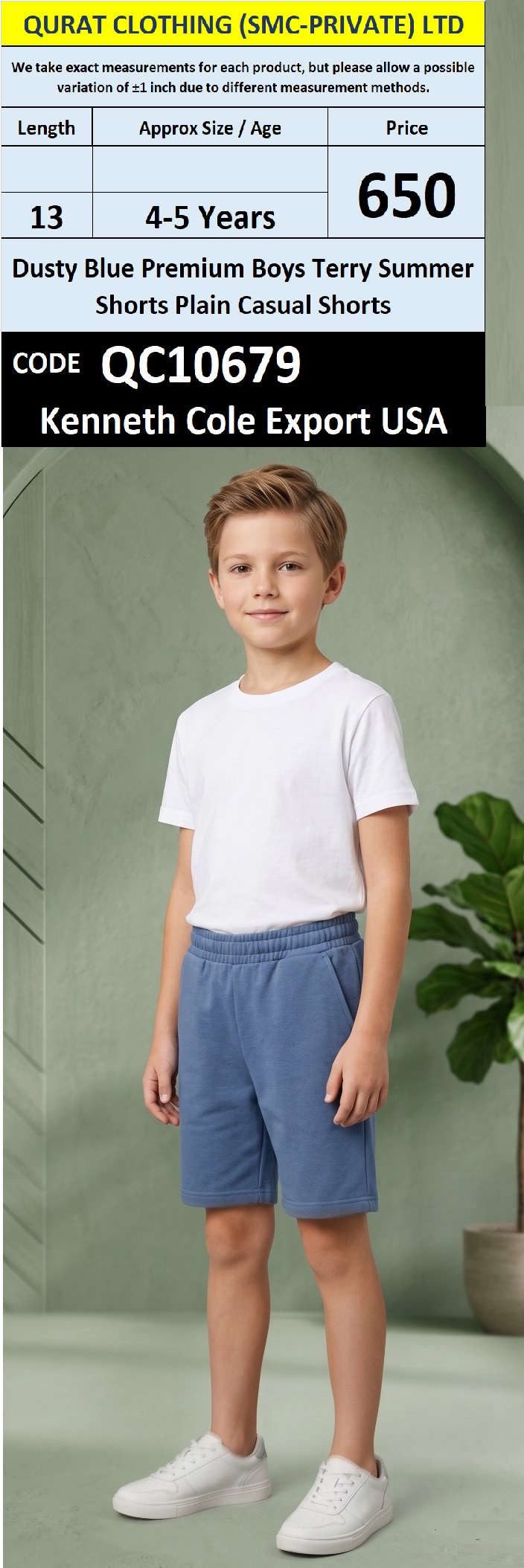 Dusty Blue Premium Boys Terry Summer Shorts Plain Casual Shorts QC10679