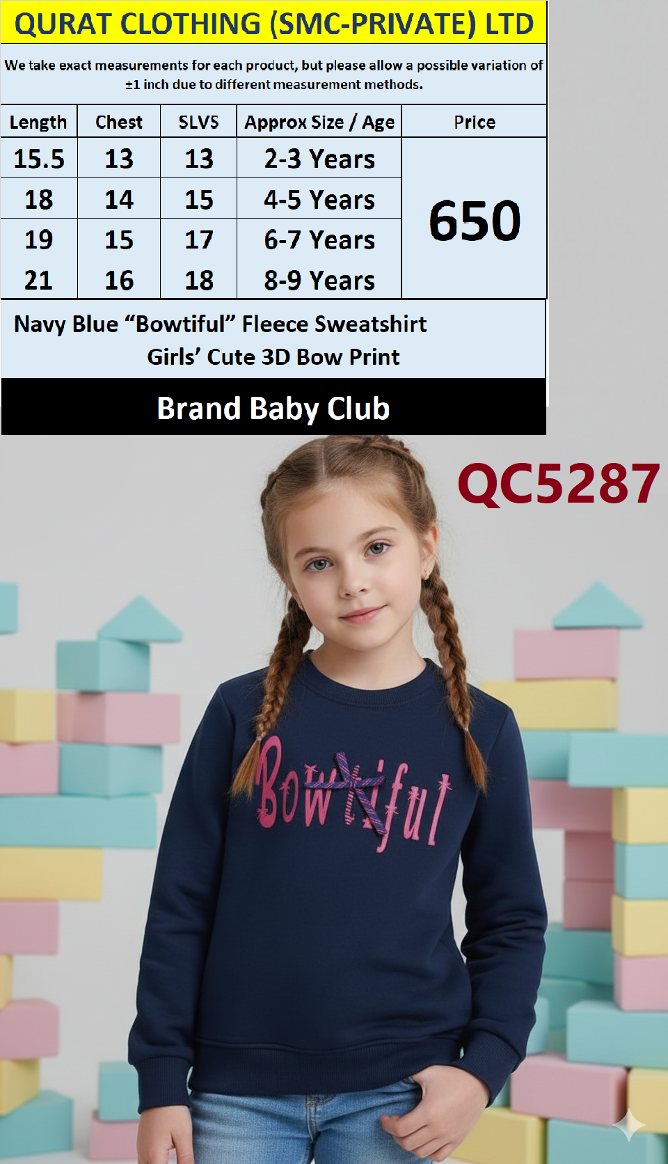 Baby Club Brand Navy Blue “BOWTIFUL” 3D Bow Fleece Sweatshirt QC5287
