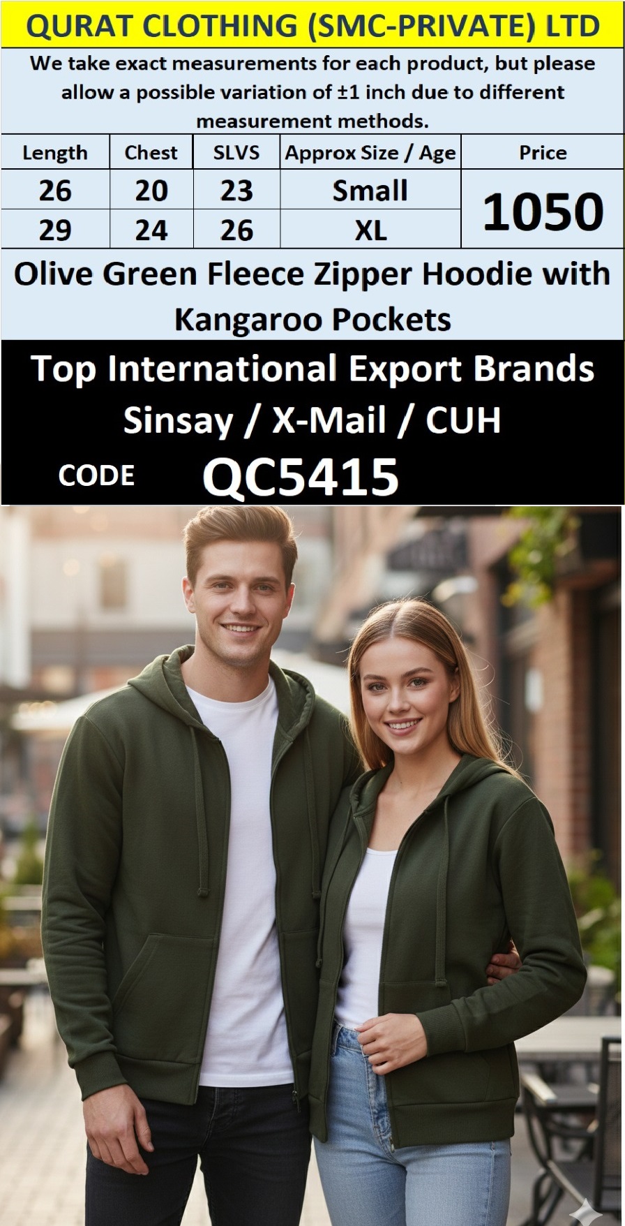 Olive Green Fleece Zipper Hoodie with Kangaroo Pockets QC5415
