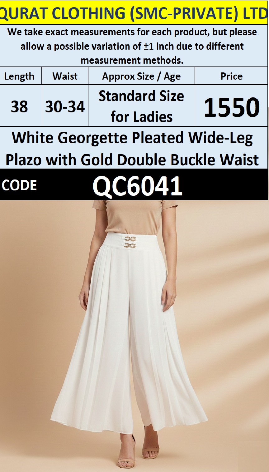 White Georgette Pleated Wide-Leg Plazo with Gold Double Buckle Waist – QC6041 - QC6041