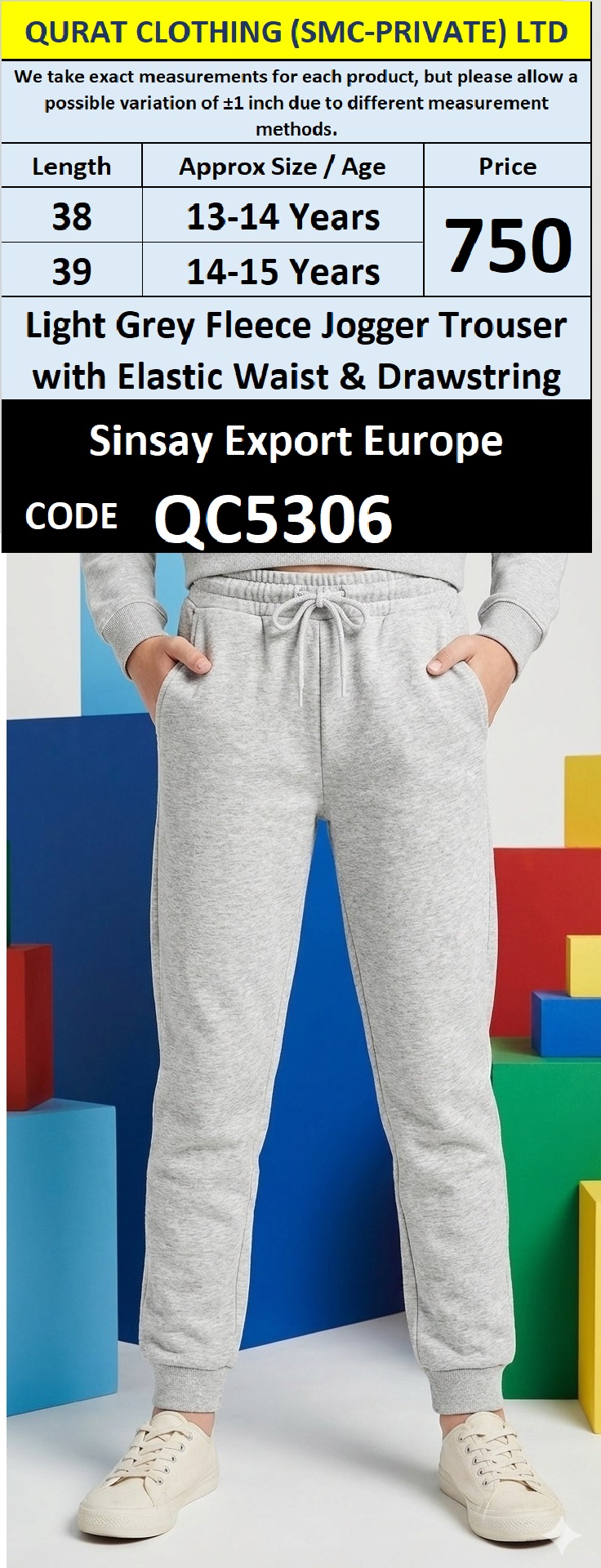 Light Grey Fleece Jogger Trouser with Elastic Waist & Drawstring QC5306 – Export Europe