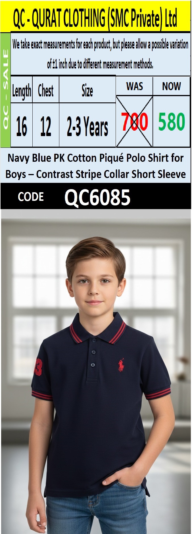 Boys Navy Blue PK Cotton Piqué Polo Shirt Number 3 Contrast Stripe Collar Short Sleeve – Premium Smart Polo QC6085
