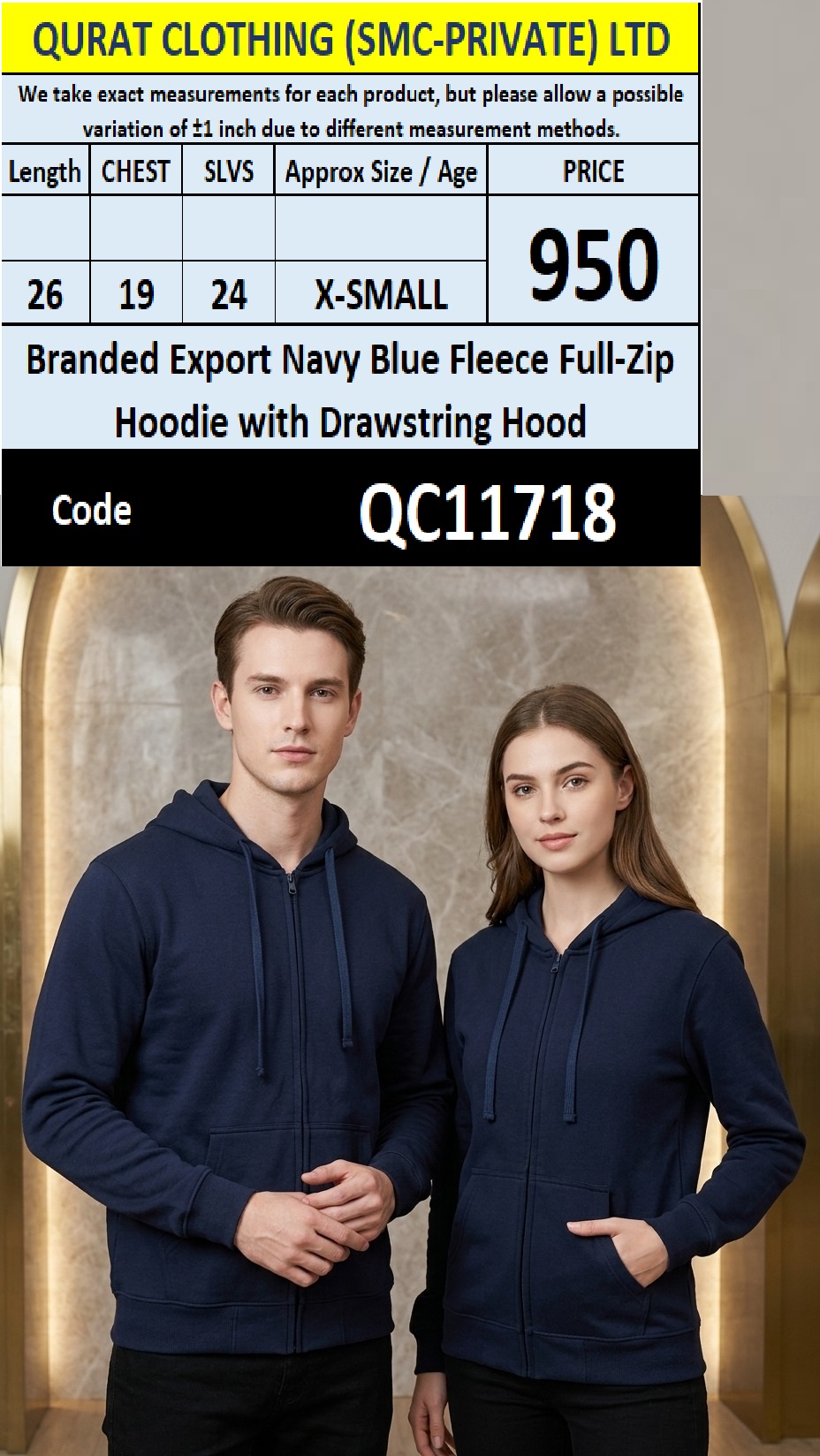 Branded Export Navy Blue Plain Fleece Full-Zip Hoodie with Drawstring Hood QC11718