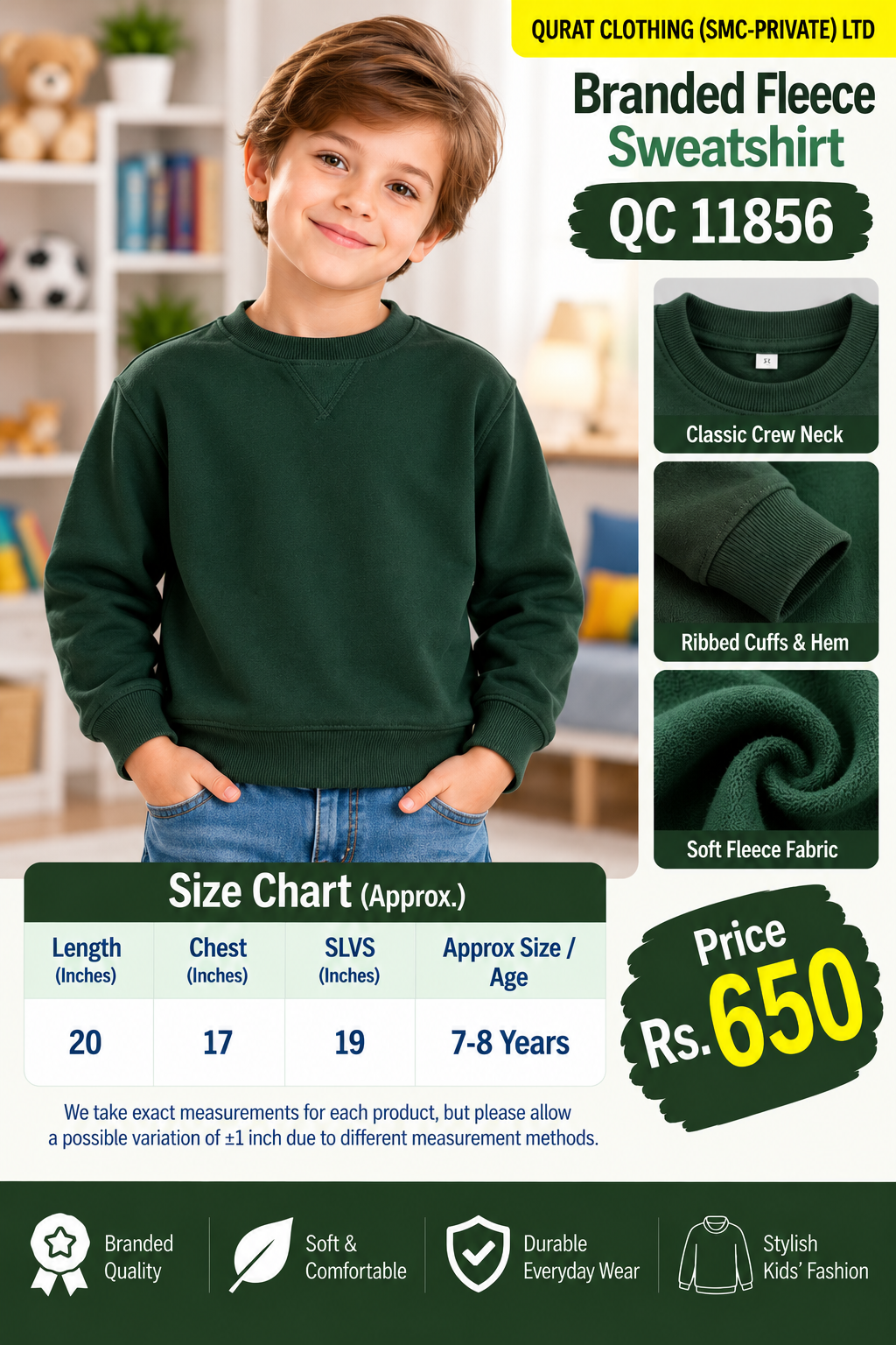 Branded dark green fleece sweatshirt with plain crew neck design — QC11856