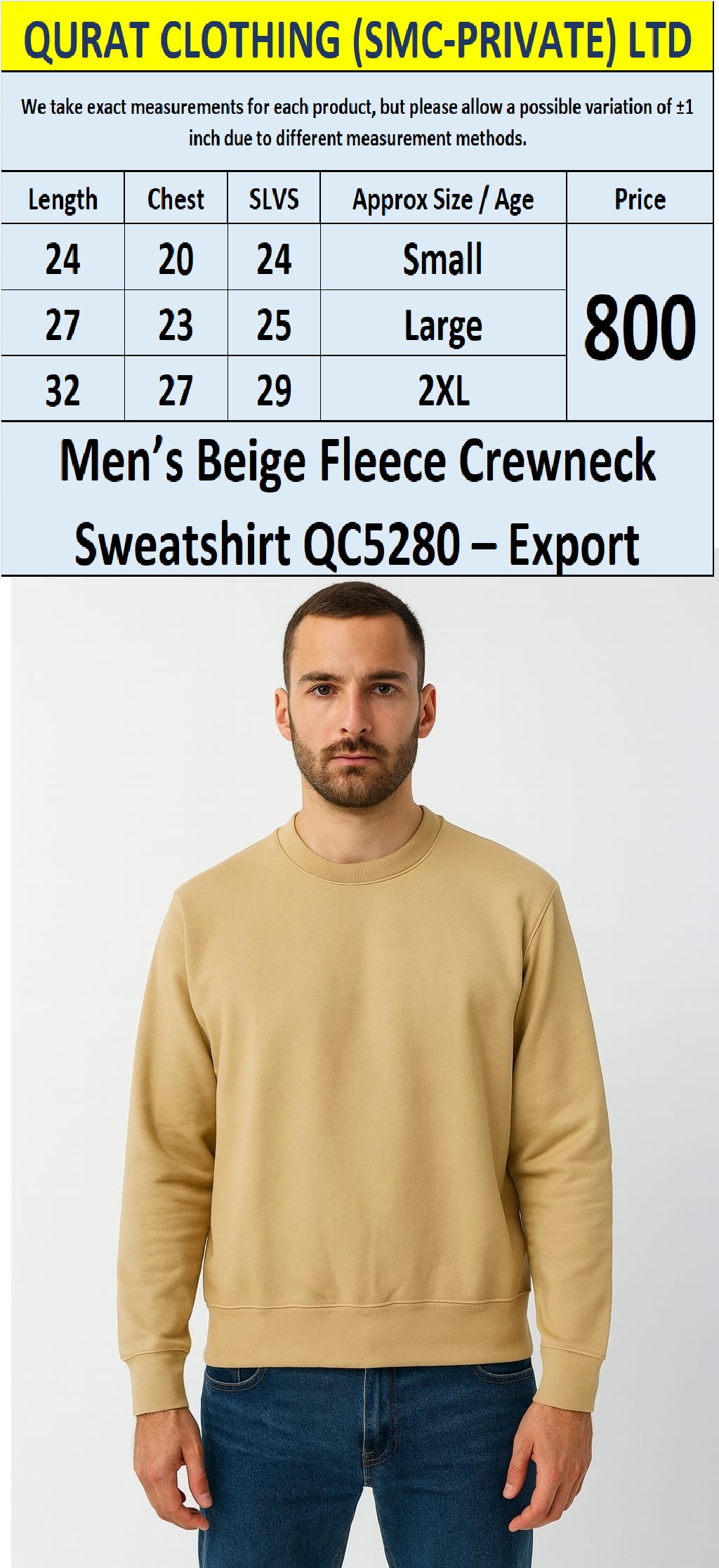 Men’s Beige Fleece Crewneck Sweatshirt QC5280 – Export 
