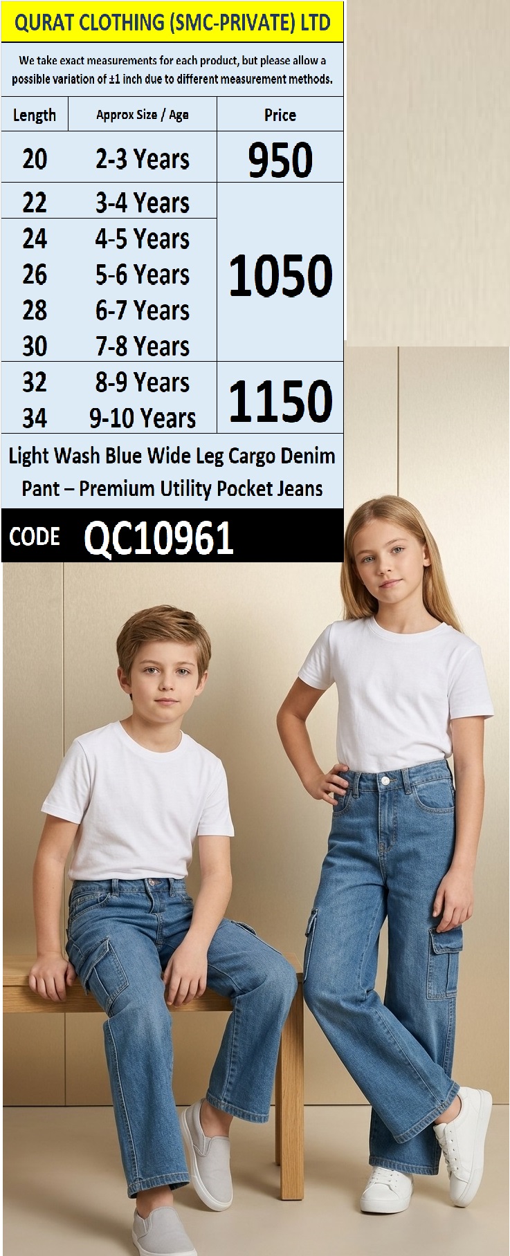 Light Wash Blue Wide Leg Cargo Denim Pant – Premium Utility Pocket Jeans QC10961