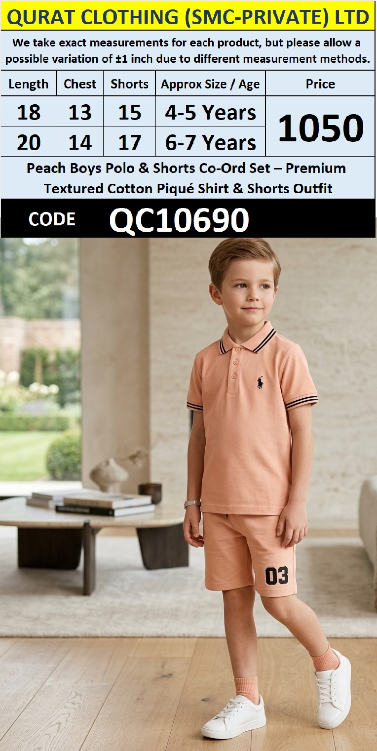 Peach Boys Polo & Shorts Co-Ord Set – Premium Textured Cotton Piqué Shirt & Shorts Outfit QC10690
