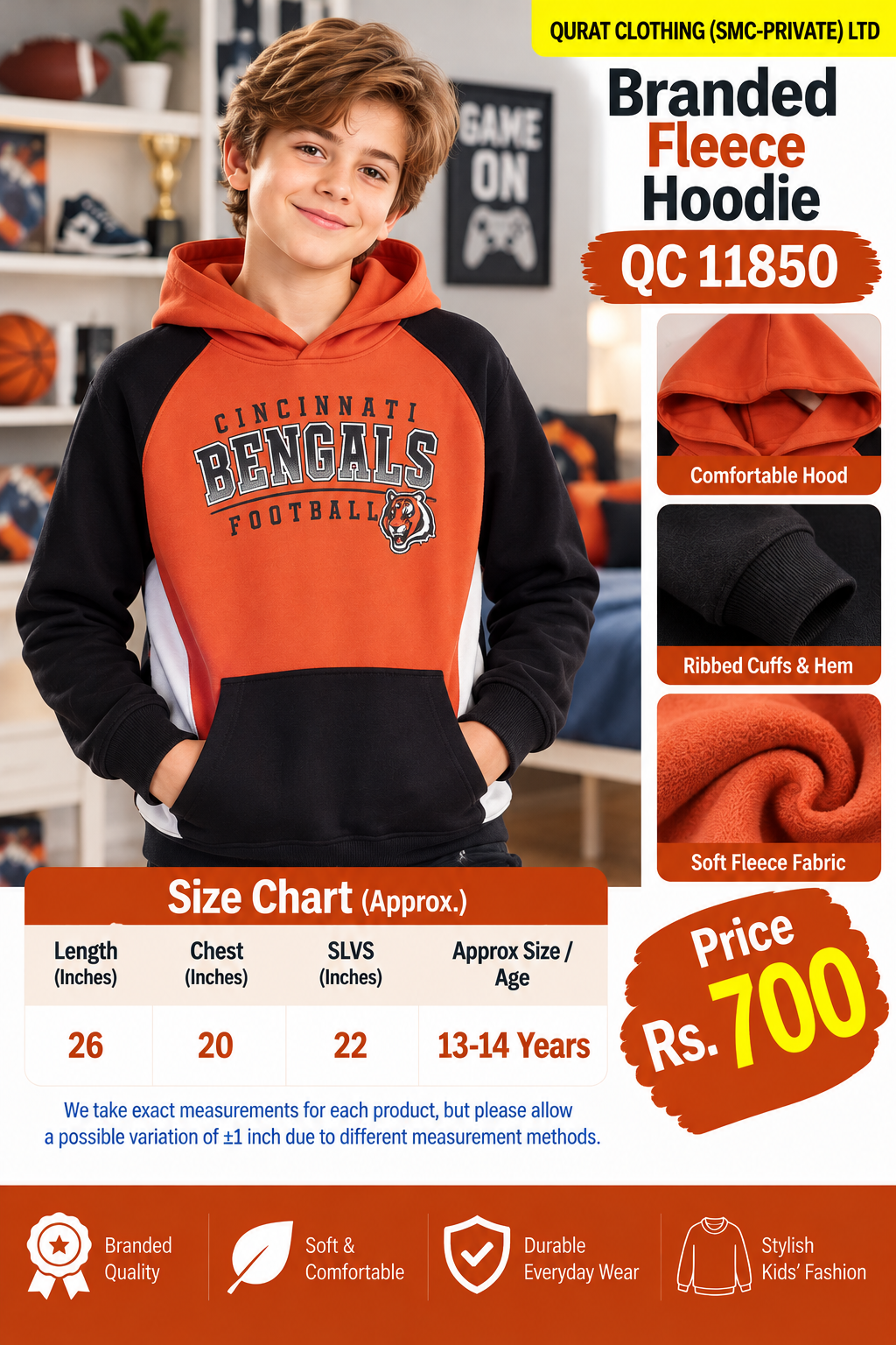 Branded orange black and white fleece hoodie with Cincinnati Bengals Football graphic and kangaroo pocket — QC11850