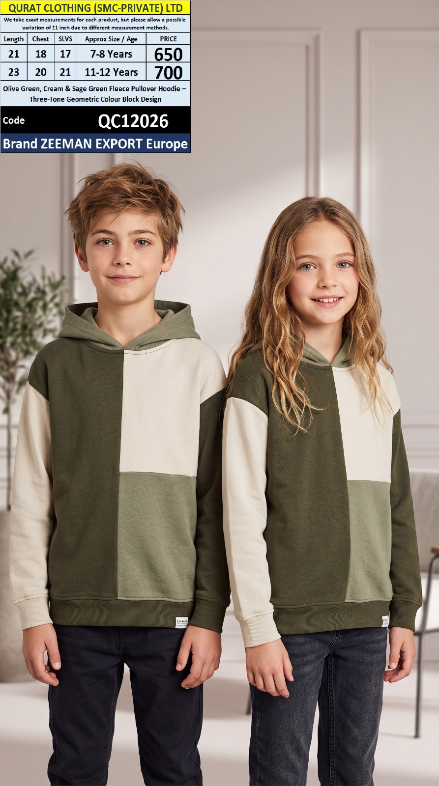 Olive Green, Cream & Sage Green Fleece Pullover Hoodie – Three-Tone Geometric Colour Block Design – Zeeman Export Europe – QC12026