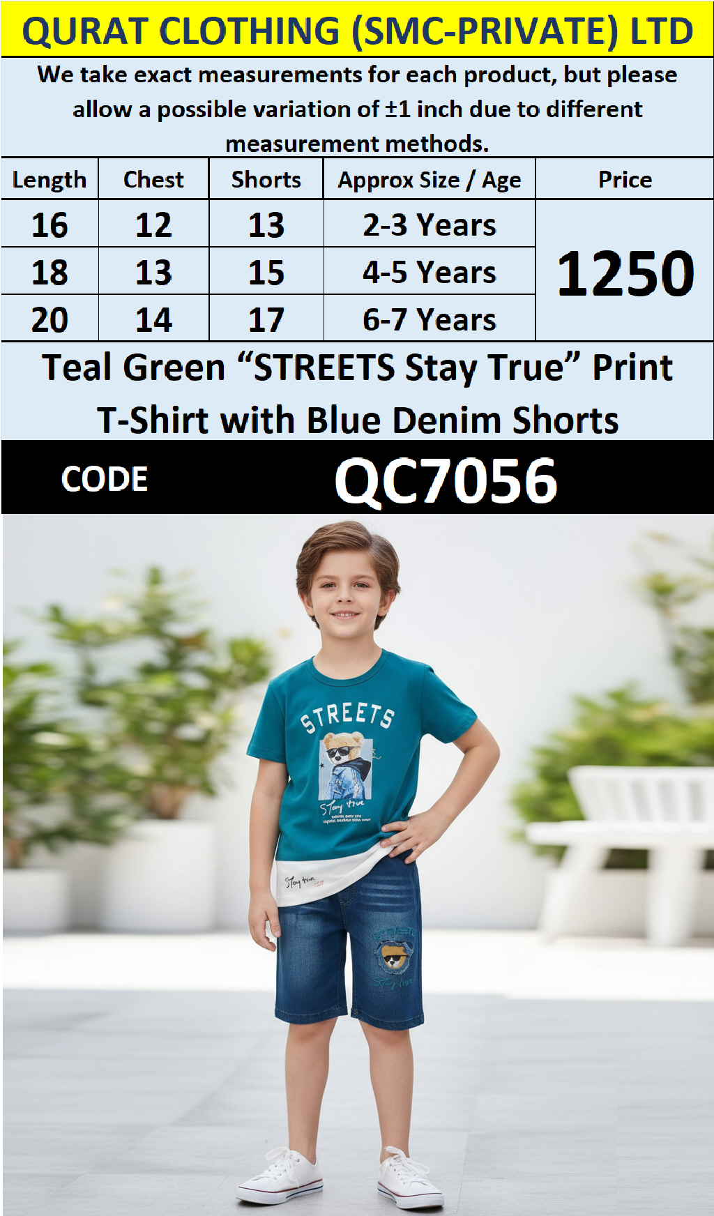 Teal Green “STREETS Stay True” Print T-Shirt with Blue Denim Shorts Boys Summer Set QC7056