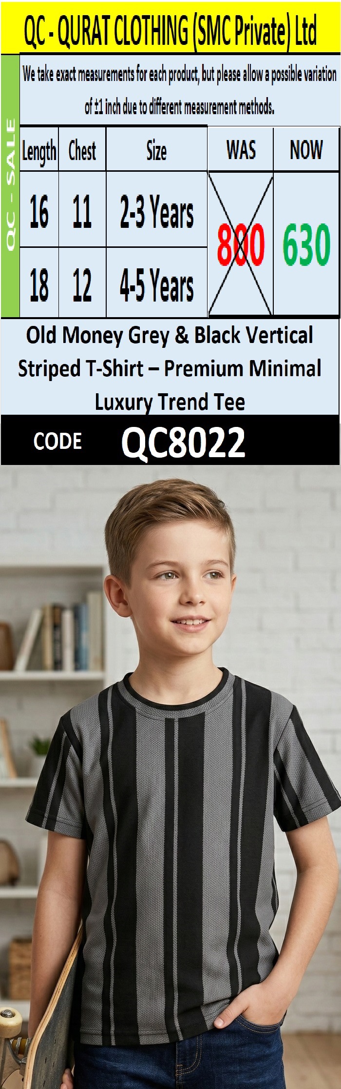 Old Money Grey & Black Vertical Striped T-Shirt – Premium Minimal Luxury Trend Tee – QC8022