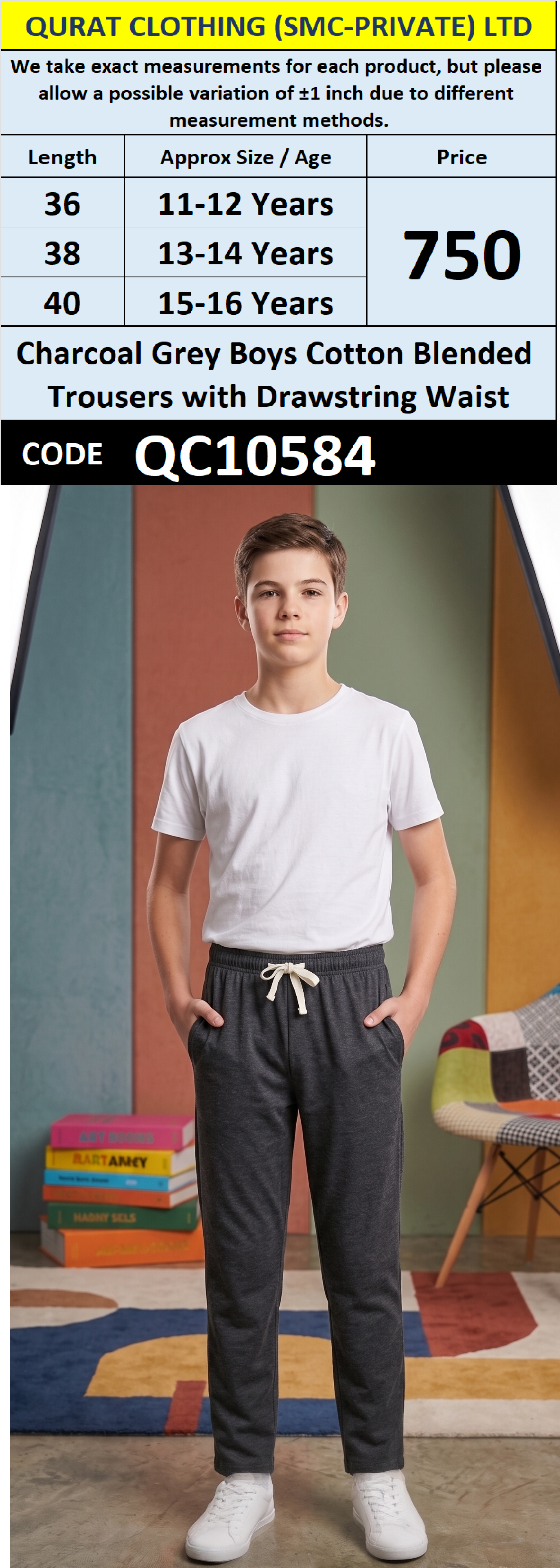 Charcoal Grey Boys Cotton Blended Trousers with Drawstring Waist QC10584