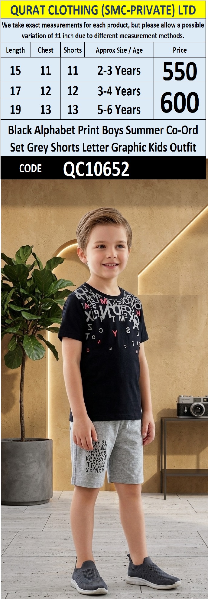 Black Alphabet Print Boys Summer Co-Ord Set Grey Shorts Letter Graphic Kids Outfit QC10652
