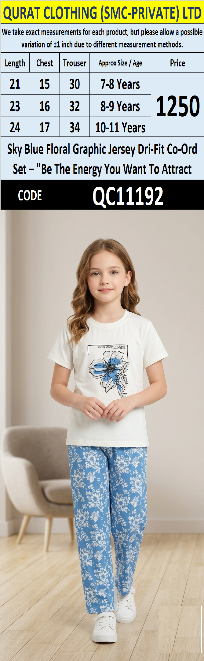 Sky Blue Girls Floral Graphic Printed Jersey Dri-Fit Co-Ord Set – "Be The Energy You Want To Attract" QC11192