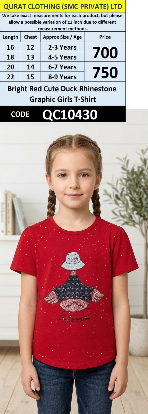 Bright Red Cute Duck Rhinestone Graphic Girls T-Shirt – QC10430