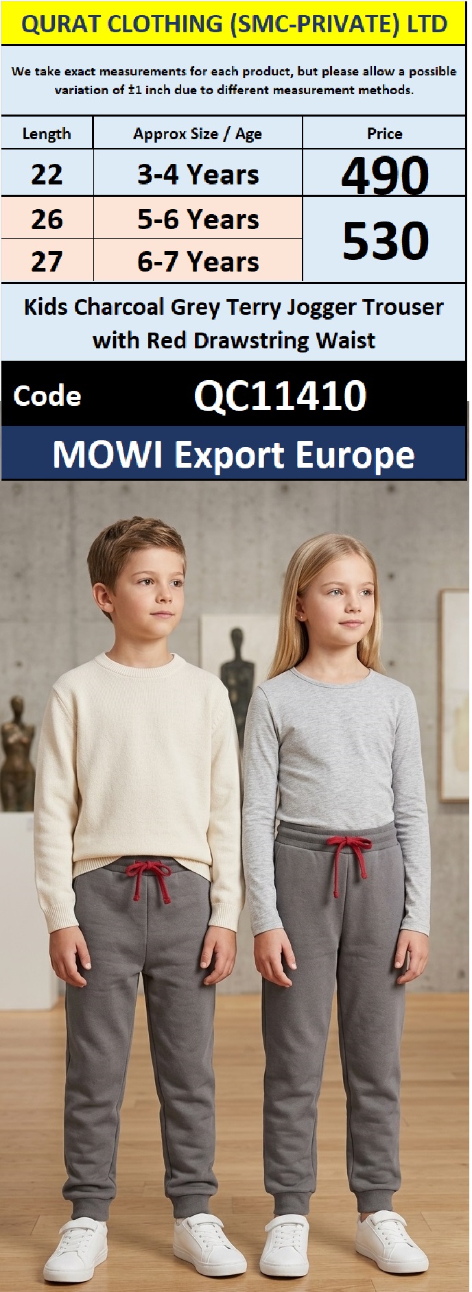 MOWI Export Europe Kids Charcoal Grey Terry Jogger Trouser with Red Drawstring Waist – QC11410