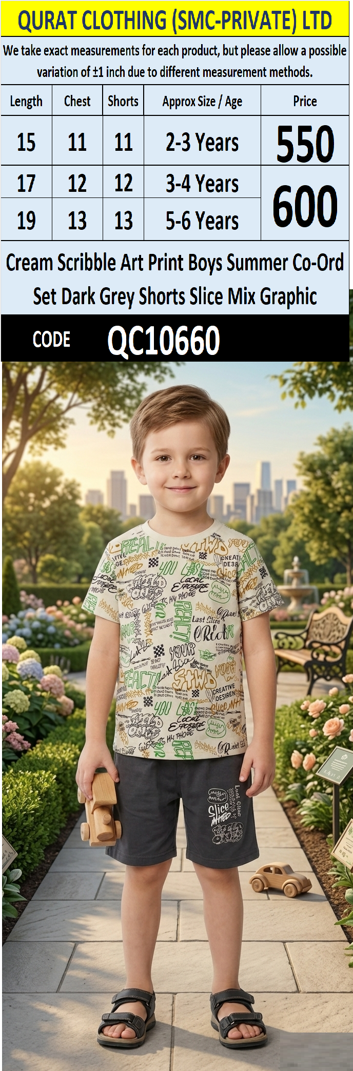 Cream Scribble Art Print Boys Summer Co-Ord Set Dark Grey Shorts Slice Mix Graphic QC10660