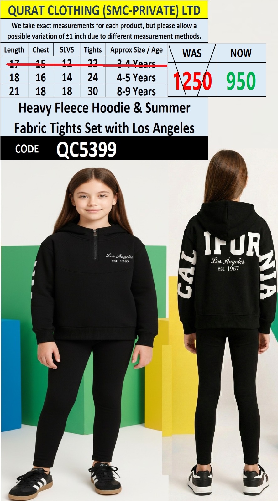 Black Los Angeles Heavy Fleece Hoodie & Summer Fabric Tights Set | QC5399