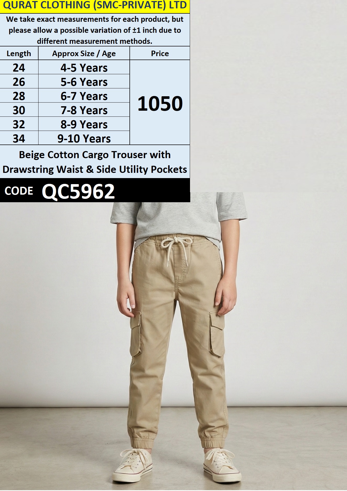 Beige Cotton Cargo Trouser with Drawstring Waist & Side Utility Pockets – QC5962