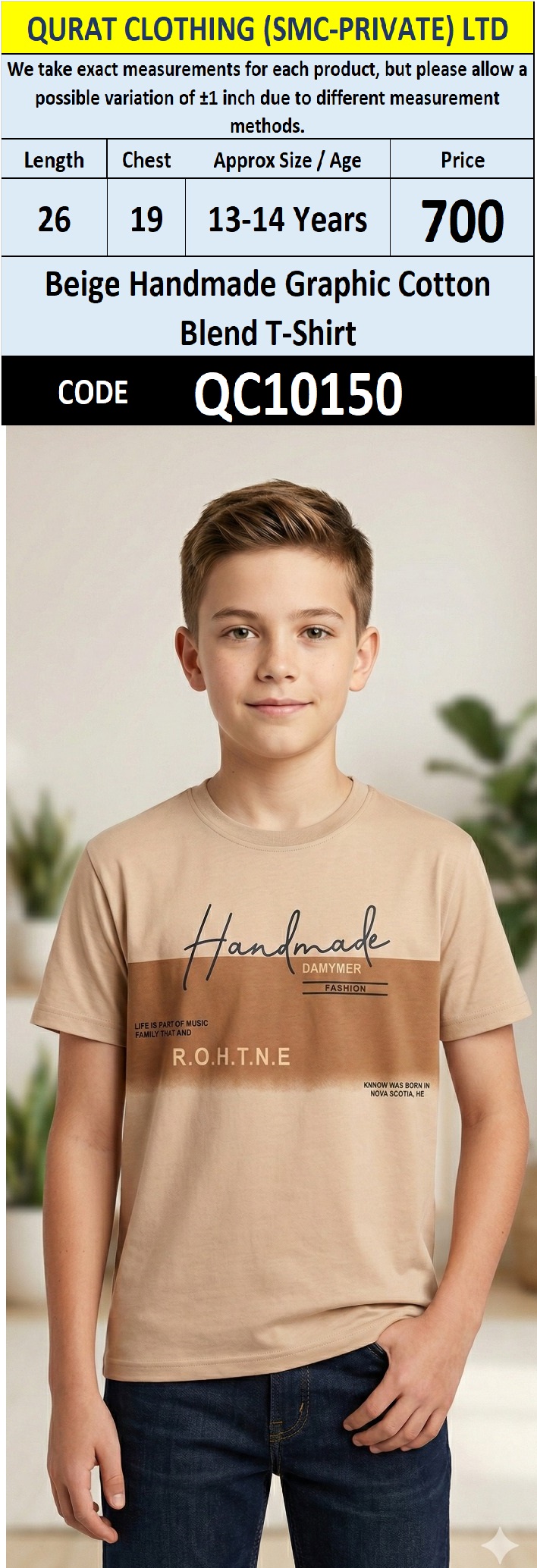 Beige Handmade Graphic Cotton Blend Round Neck T-Shirt QC10150
