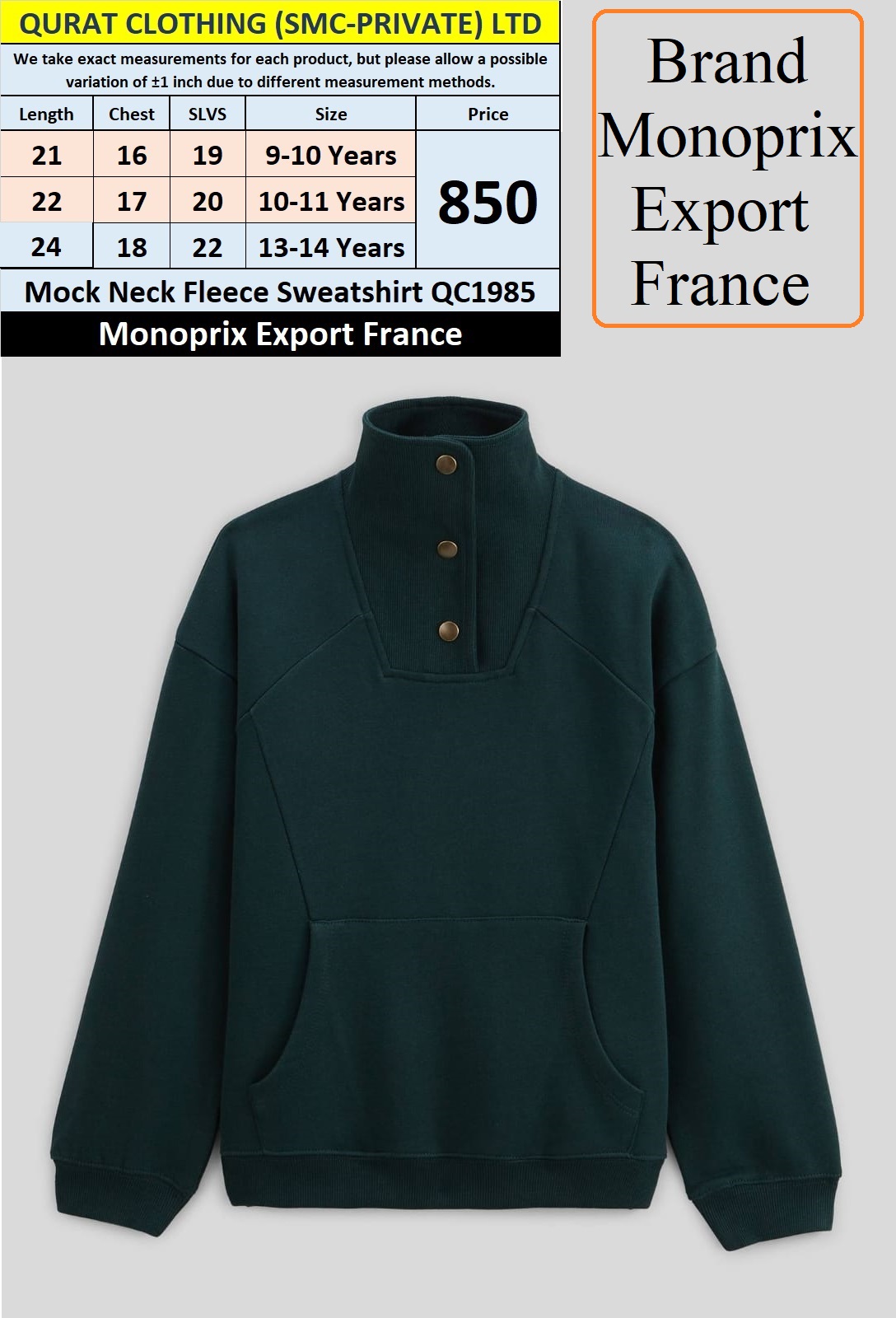 Monoprix Brand Green Mock Neck Fleece Sweatshirt QC1985 Export France 