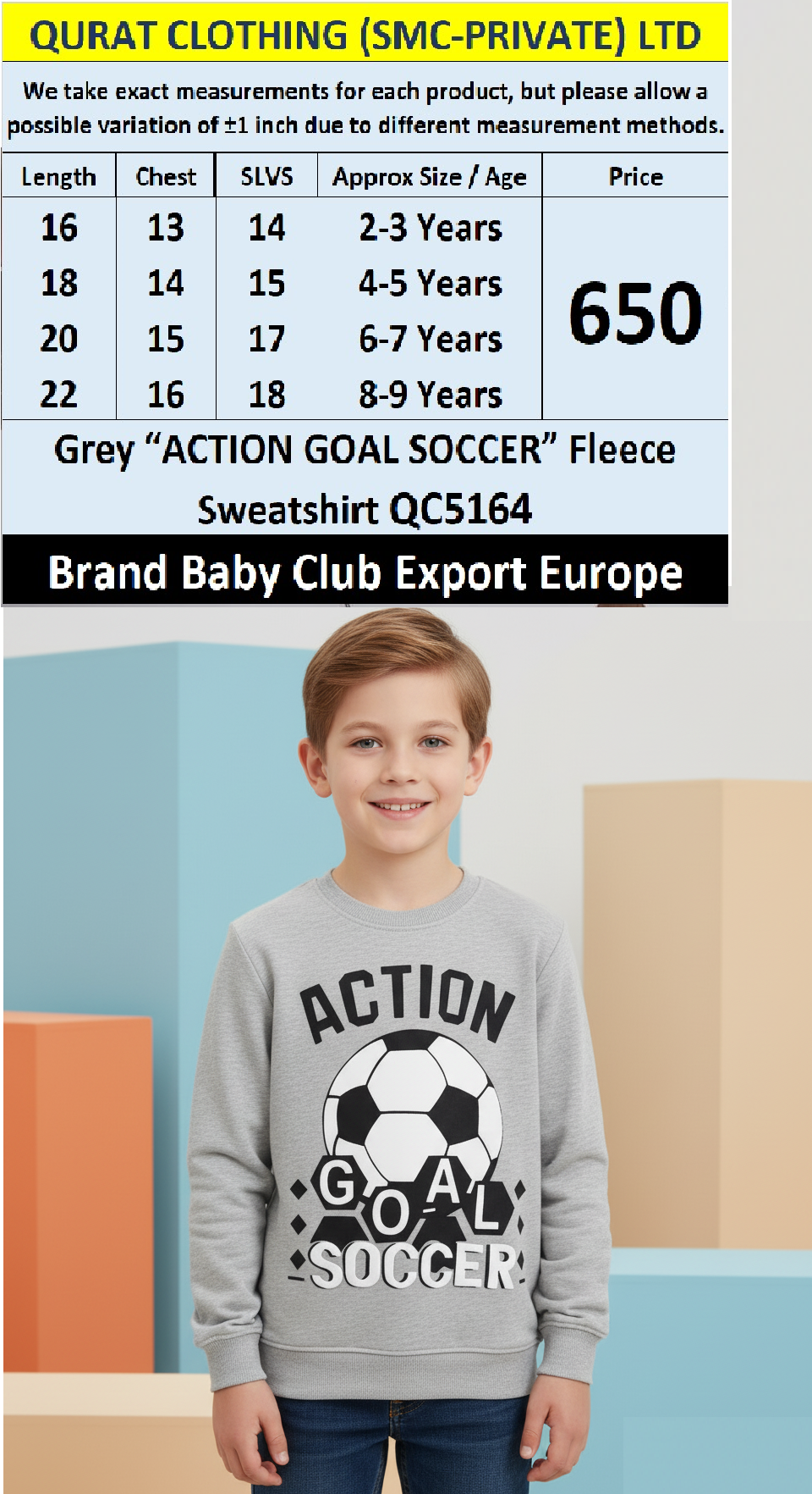 Baby Club Brand Grey “ACTION GOAL SOCCER” Fleece Sweatshirt QC5164 – Export Europe