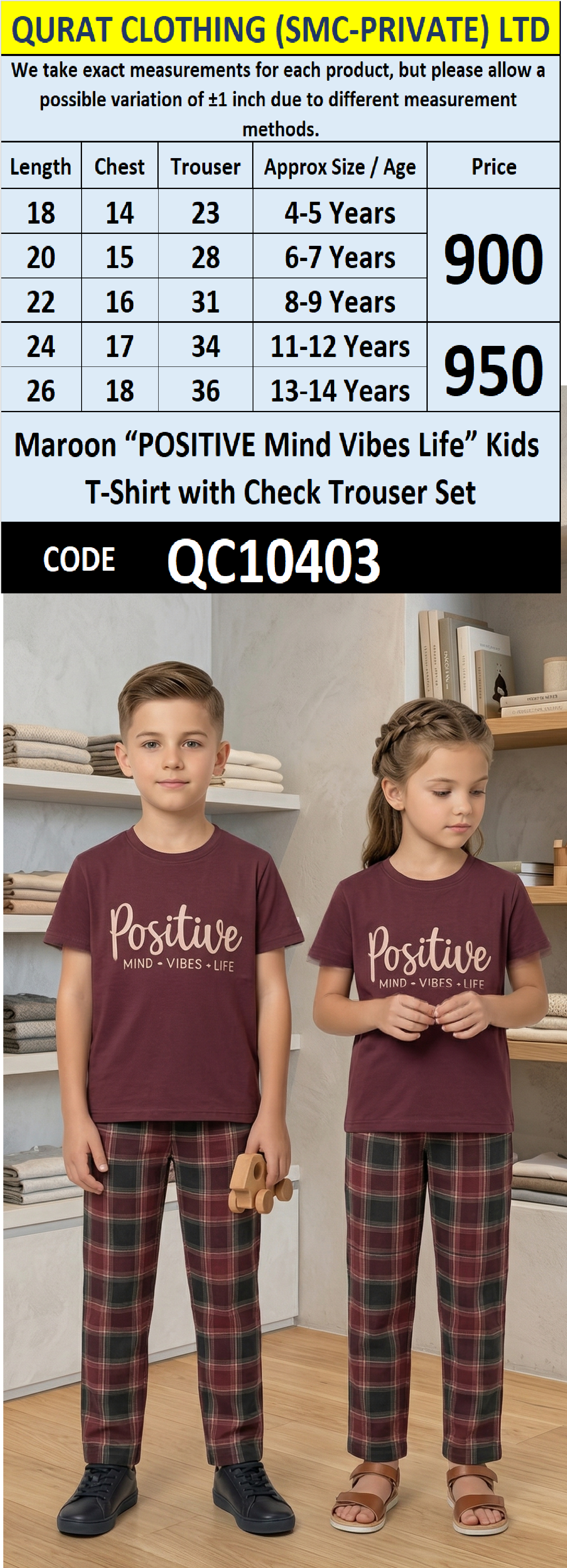 Maroon “POSITIVE Mind Vibes Life” Kids T-Shirt with Check Trouser Set QC10403