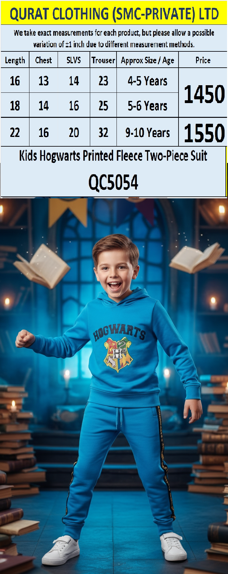 Kids Blue “Hogwarts” Printed Fleece Two-Piece Suit QC5054  - QC5054