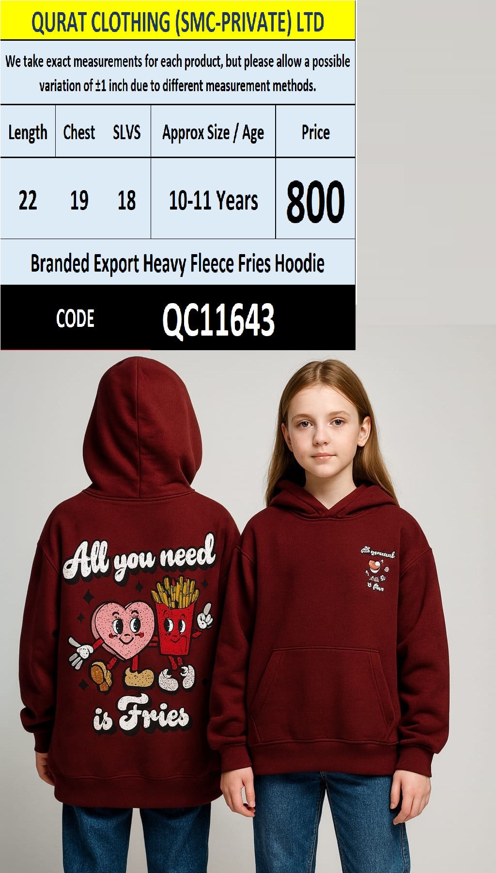 Branded Export Maroon Heavy Fleece Fries Hoodie – QC11643