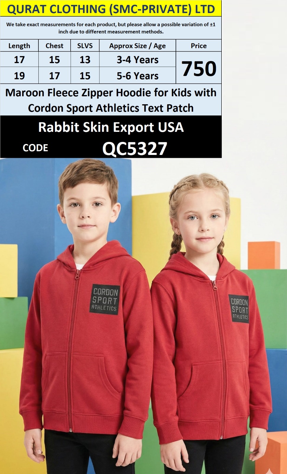 Rabbit Skin Maroon Fleece Zipper Hoodie Cordon Sport Athletics Text Export USA Kids QC5327