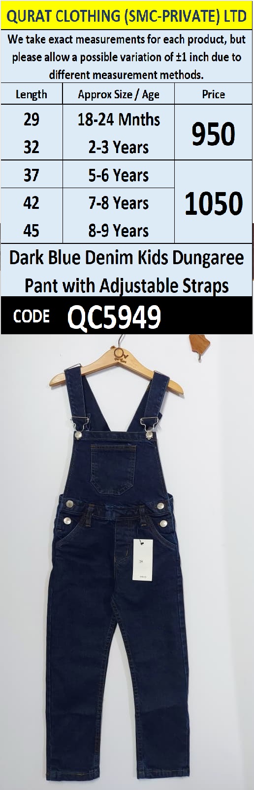 Dark Blue Denim Kids Dungaree Pant with Adjustable Straps QC5949