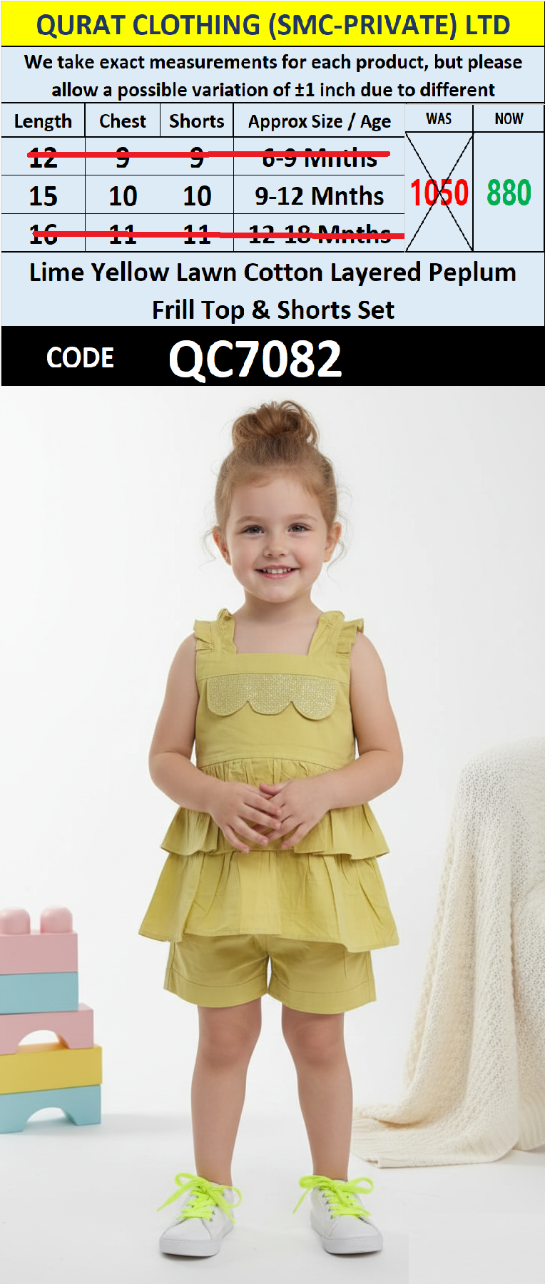 Lime Yellow Lawn Cotton Layered Peplum Frill Top & Shorts Set – QC7082