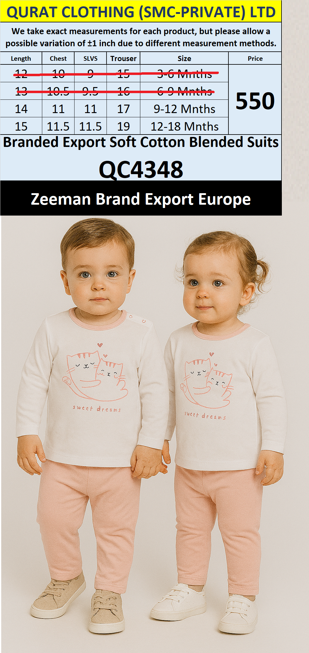Zeeman Brand Unisex Soft Cotton Blended Suits QC4350 Export Europe 