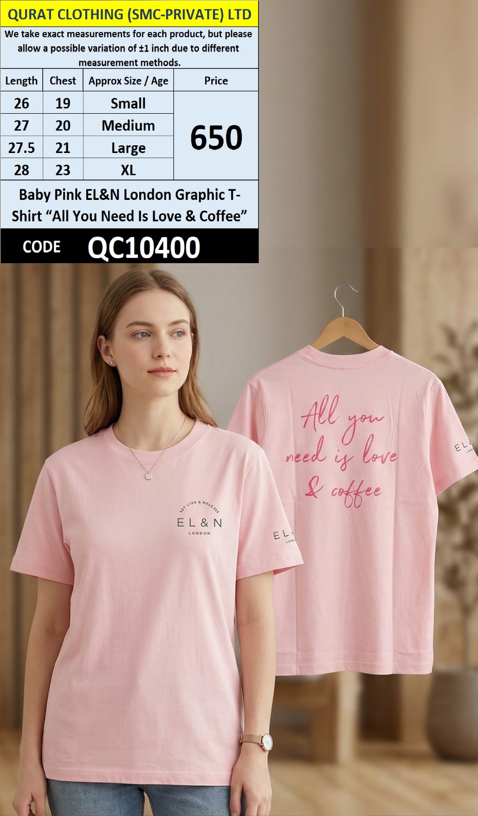 Baby Pink EL&N London Graphic T-Shirt “All You Need Is Love & Coffee” QC10400