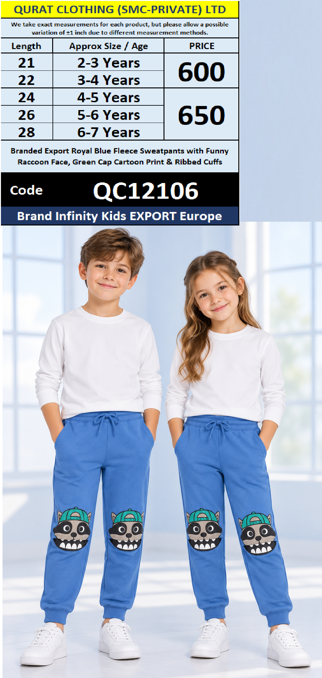 Branded Export Royal Blue Fleece Sweatpants with Funny Raccoon Face, Green Cap Cartoon Print & Ribbed Cuffs – Infinity Kids Export Europe – QC12106