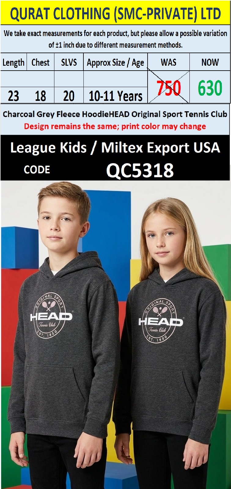 Charcoal Grey Fleece Pullover Hoodie HEAD Original Sport Tennis Club Print Kids QC5318