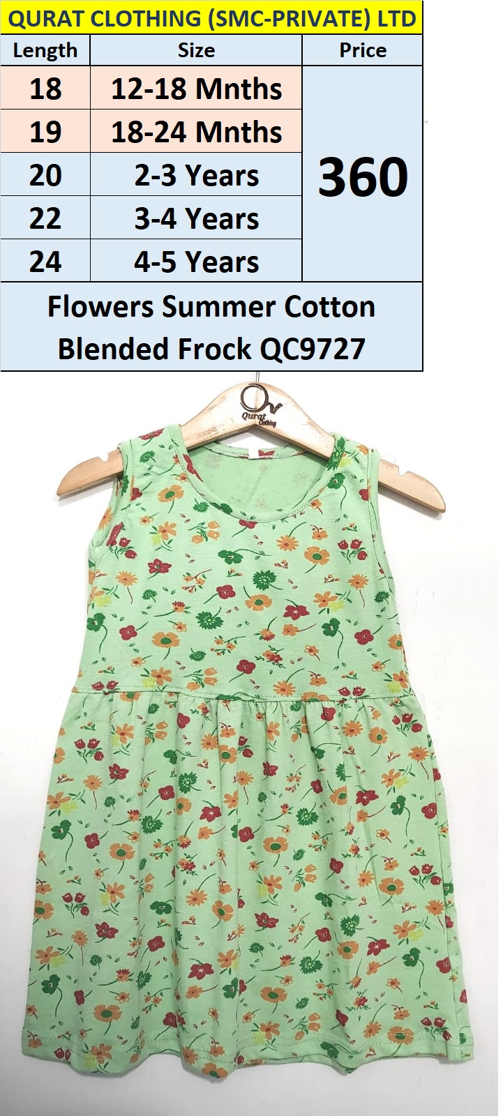 Green Flowers Print Summer Cotton Blended Frock QC9727