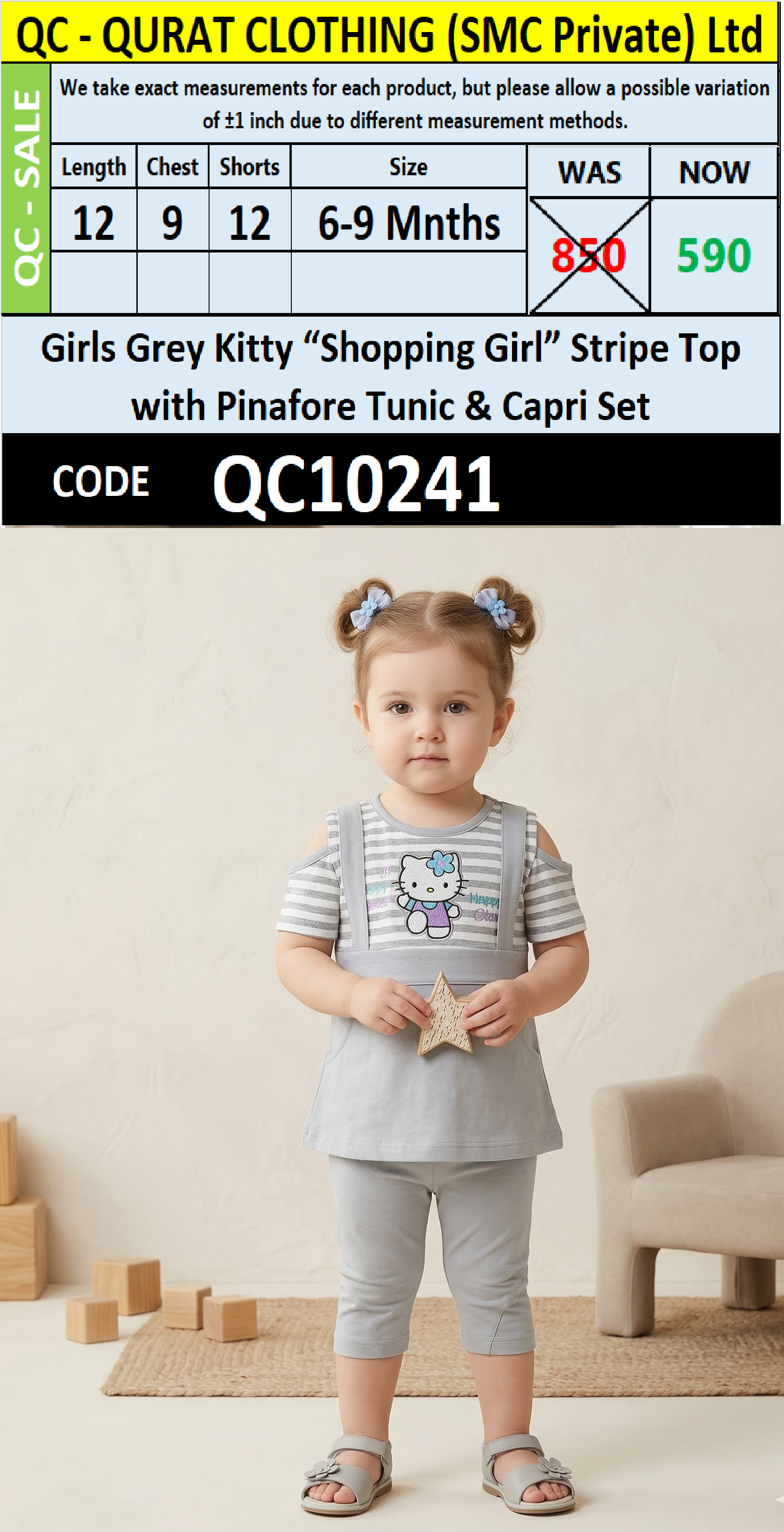 Girls Grey Kitty “Shopping Girl” Stripe Top with Pinafore Tunic & Capri Set – QC10241