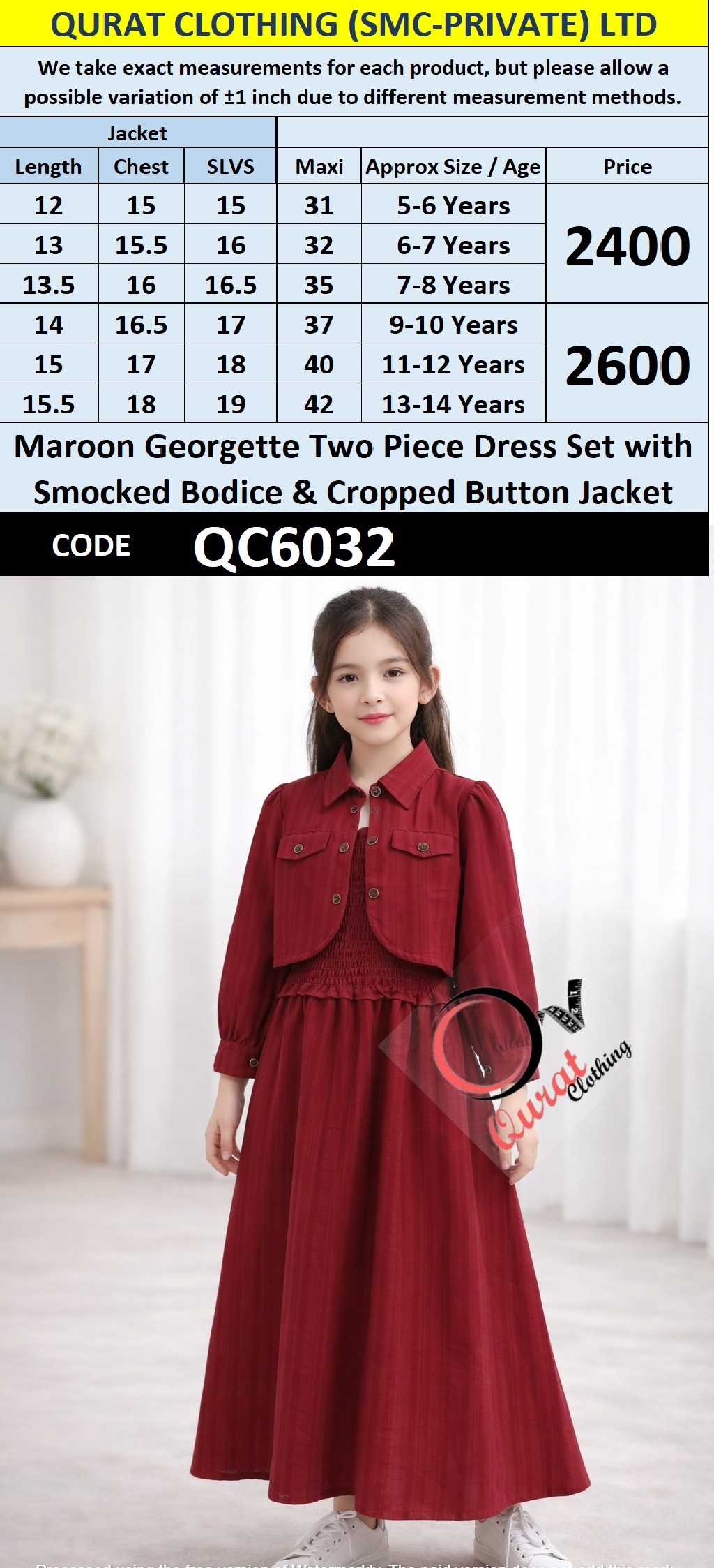 Maroon Georgette Two Piece Dress Set with Smocked Bodice & Cropped Button Jacket – QC6032 - QC6032