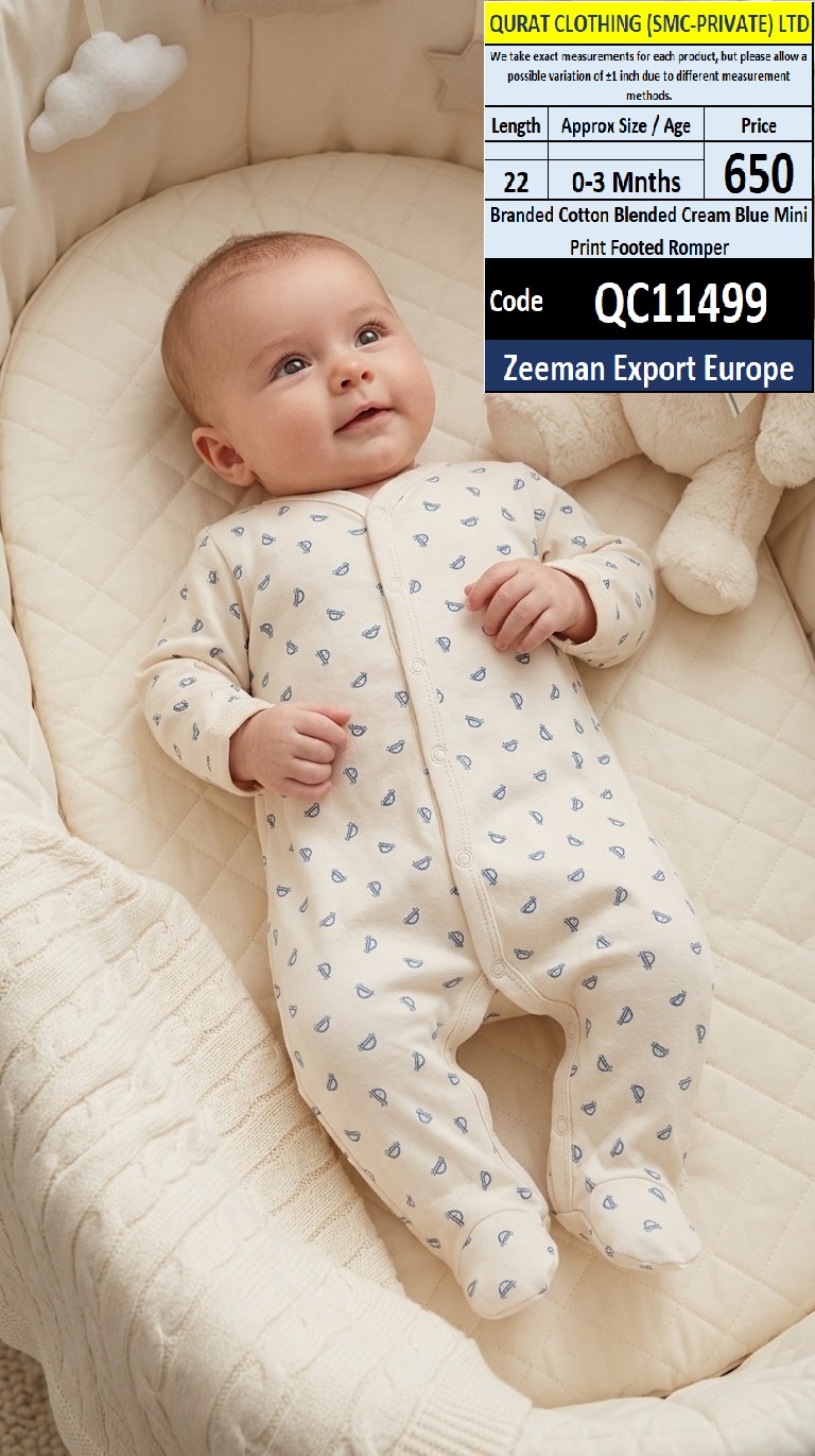 Zeeman Export Europe Branded Cotton Blended Cream & Blue Mini Print Footed Baby Romper – QC11499
