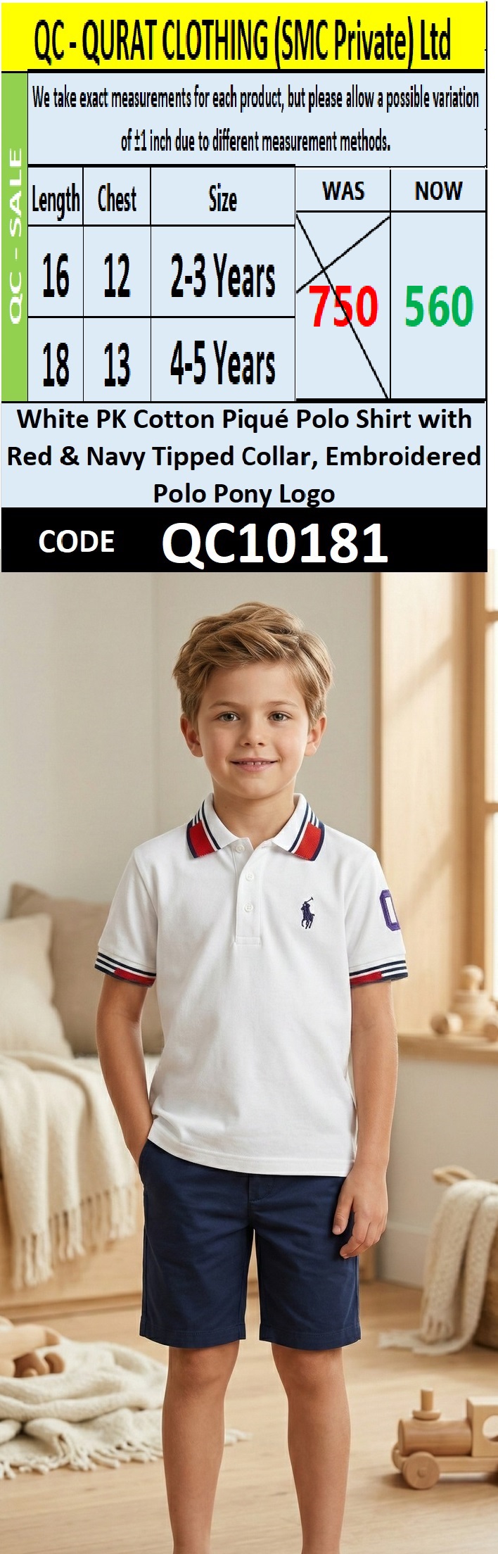 White PK Cotton Piqué Polo Shirt with Red & Navy Tipped Collar, Embroidered Polo Pony Logo – QC10181