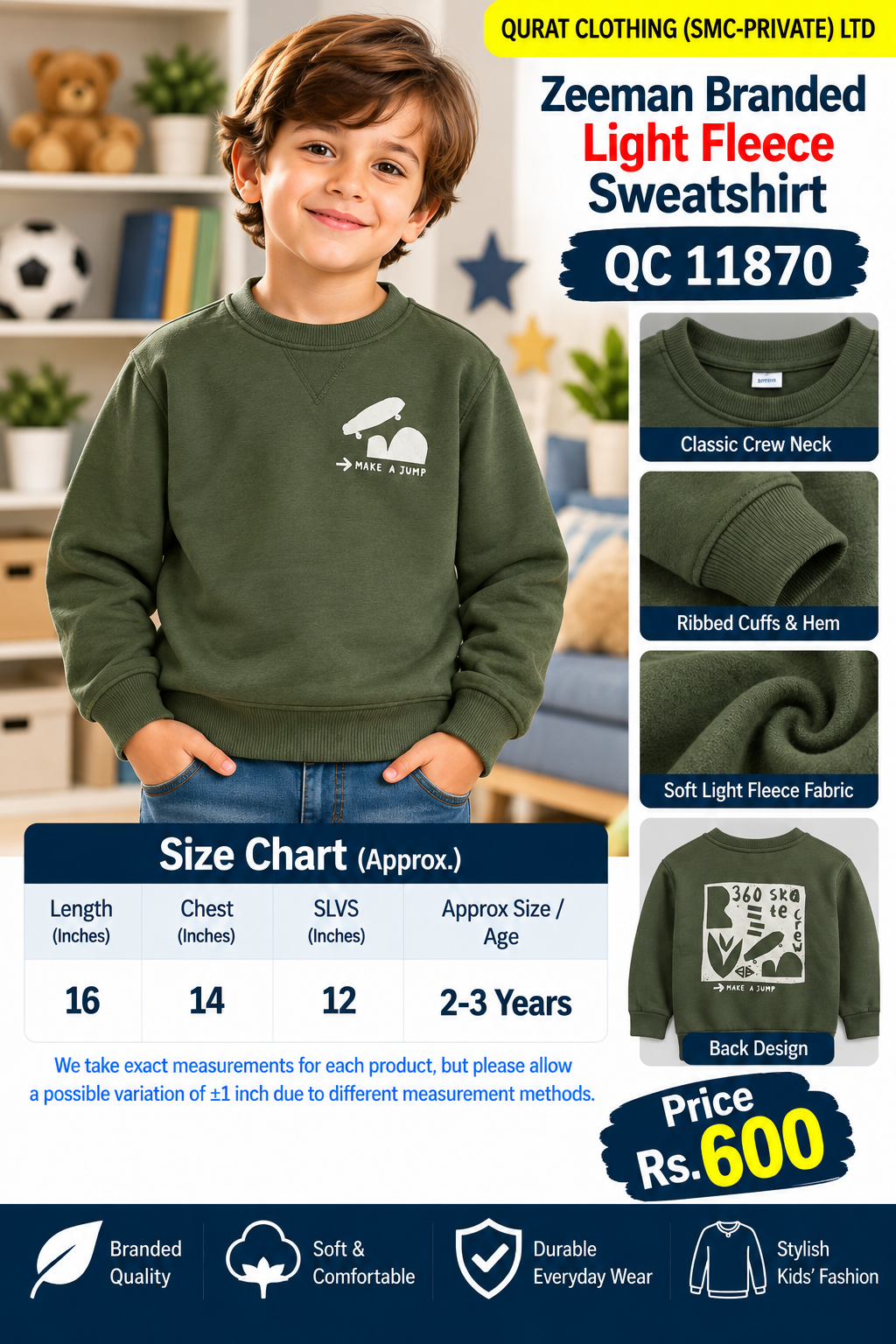 Zeeman Branded olive green light fleece sweatshirt with white Make a Jump skateboard graphics on front and back — QC11870