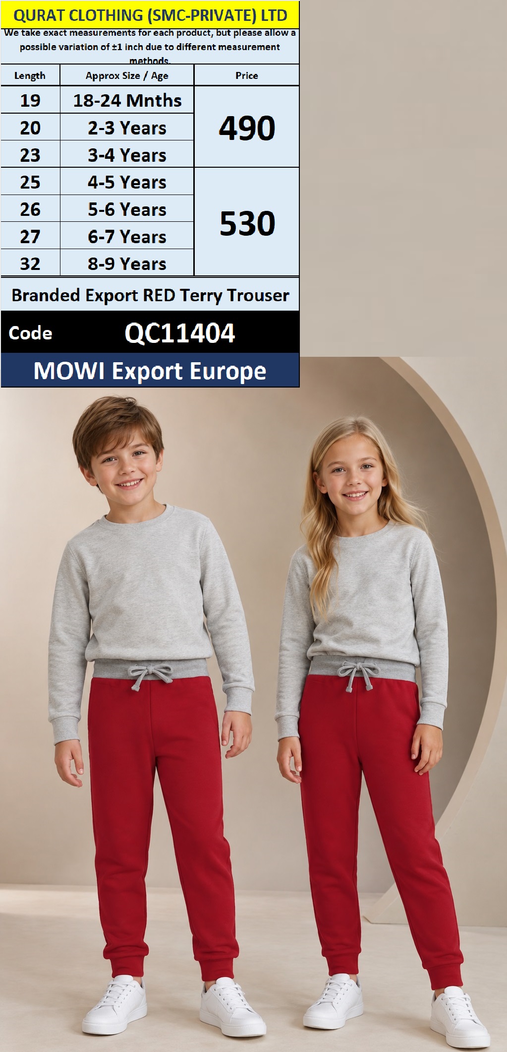 MOWI Export Europe Kids Red Terry Jogger Trouser with Grey Drawstring Waist – QC11404