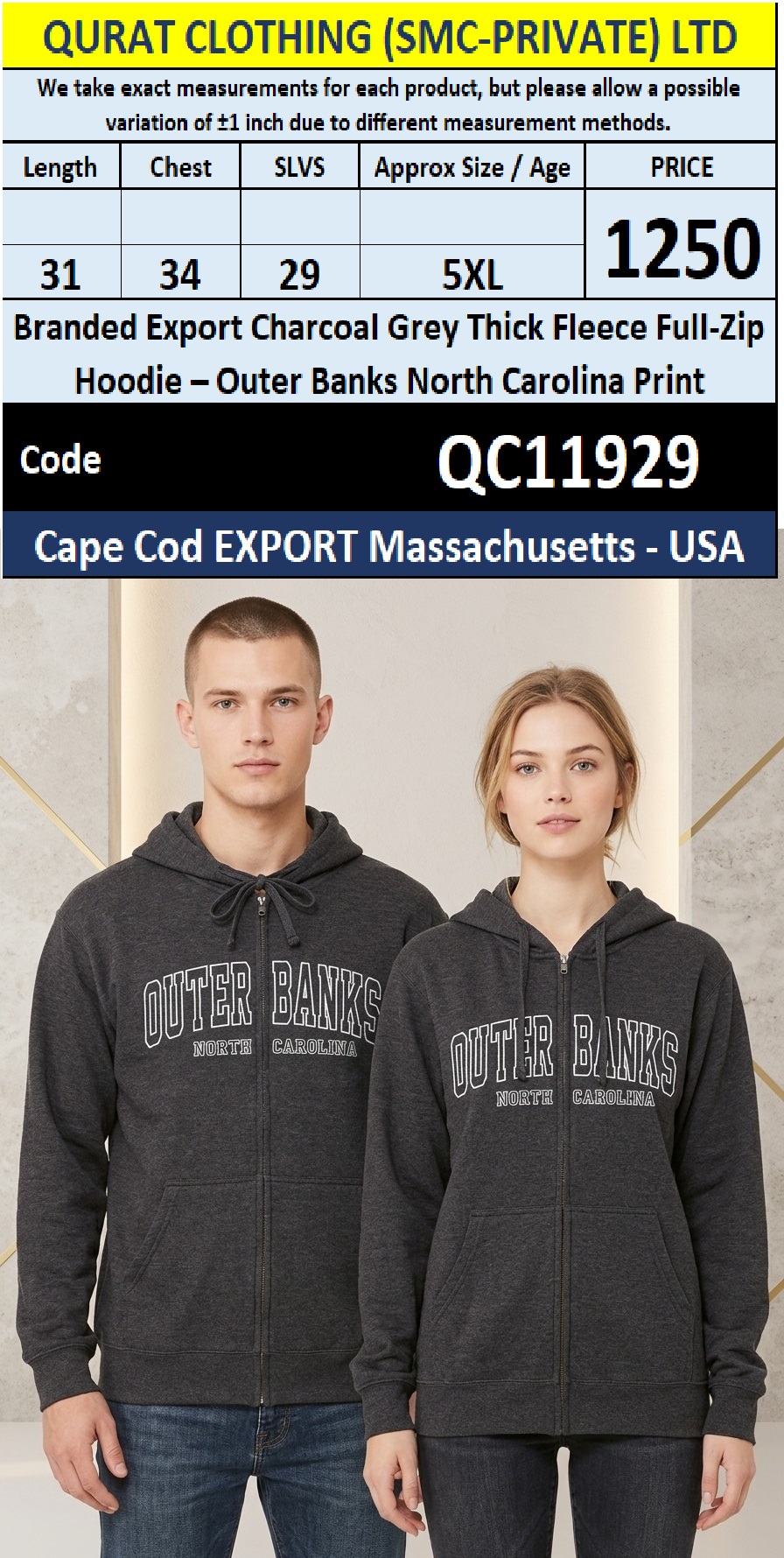 Branded Export Charcoal Grey Thick Fleece Full-Zip Hoodie – Outer Banks North Carolina Print – Cape Cod Massachusetts USA – QC11929