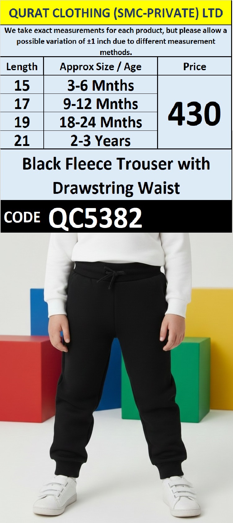 Black Fleece Trouser with Drawstring Waist for Babies & Kids QC5382