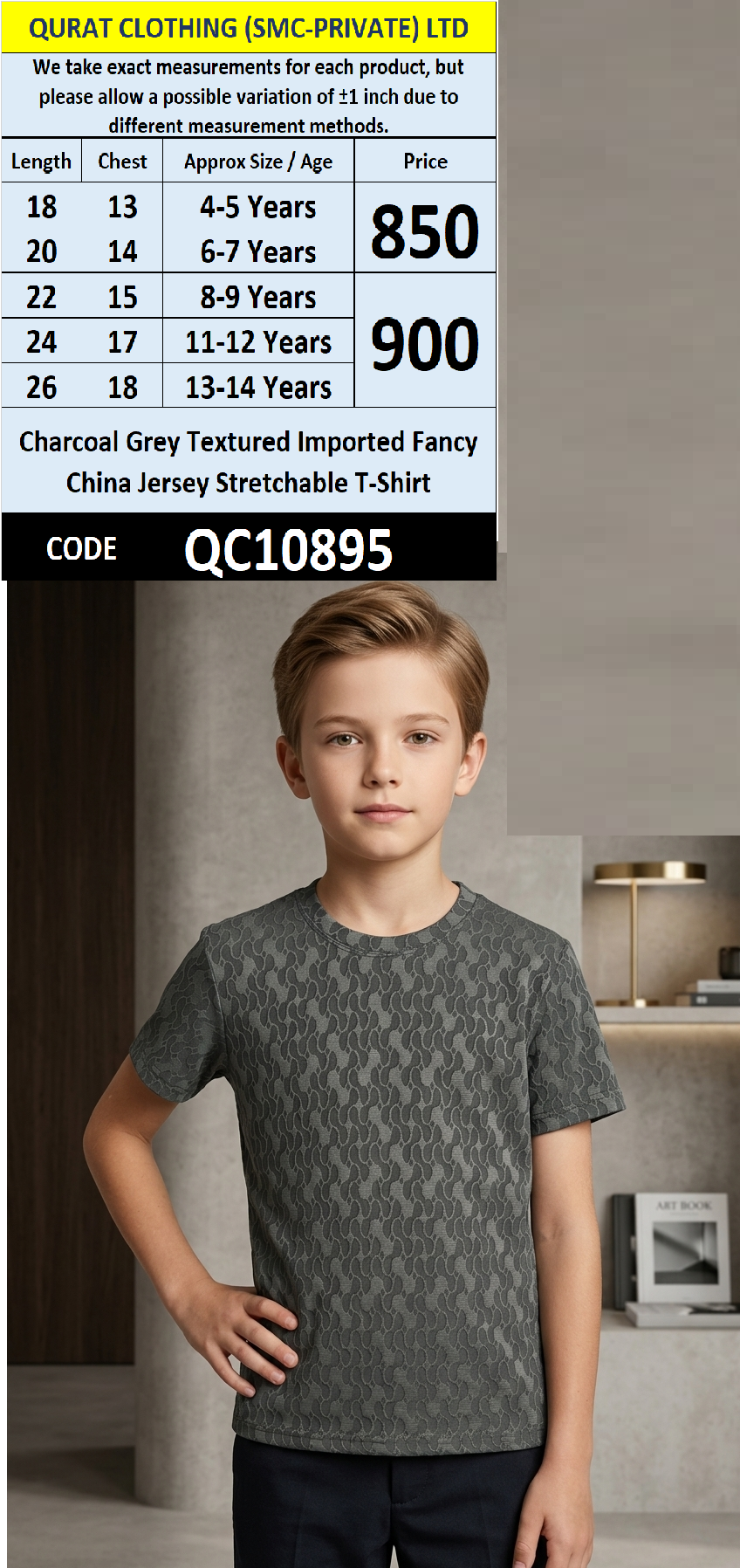 Charcoal Grey Textured Imported Fancy China Jersey Stretchable T-Shirt QC10895
