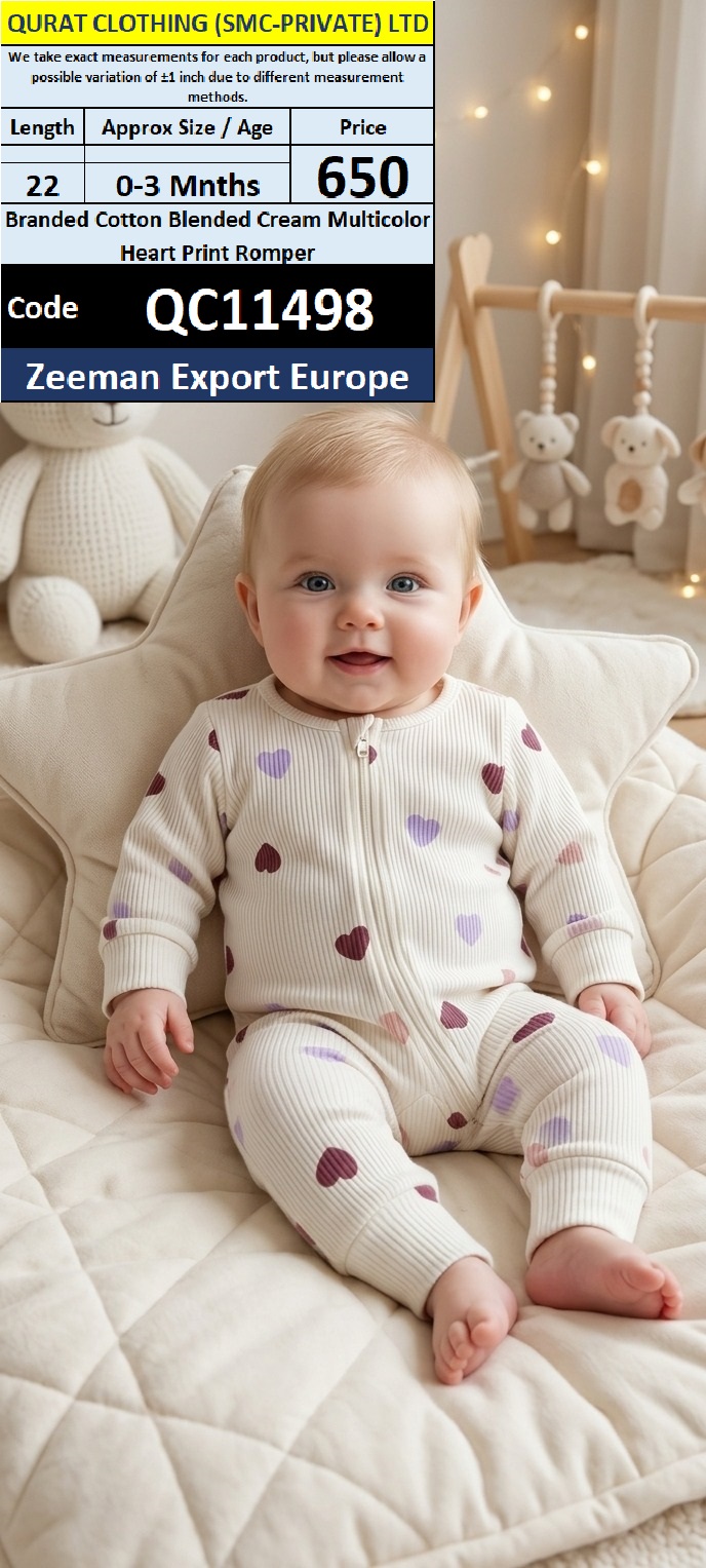 Zeeman Export Europe Branded Cotton Blended Cream Multicolour Heart Print Baby Romper – QC11498