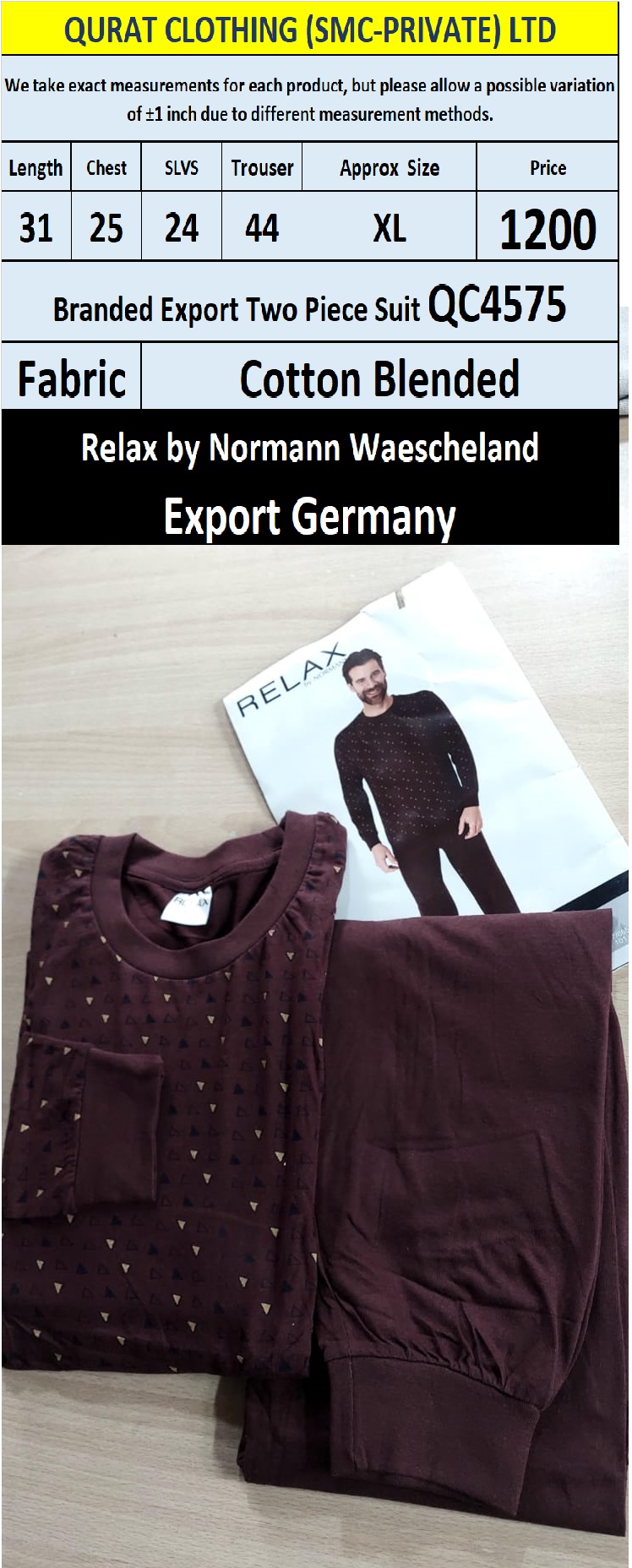 Relax by Normann Waescheland Branded Two Piece Suits QC4575 Export Germany