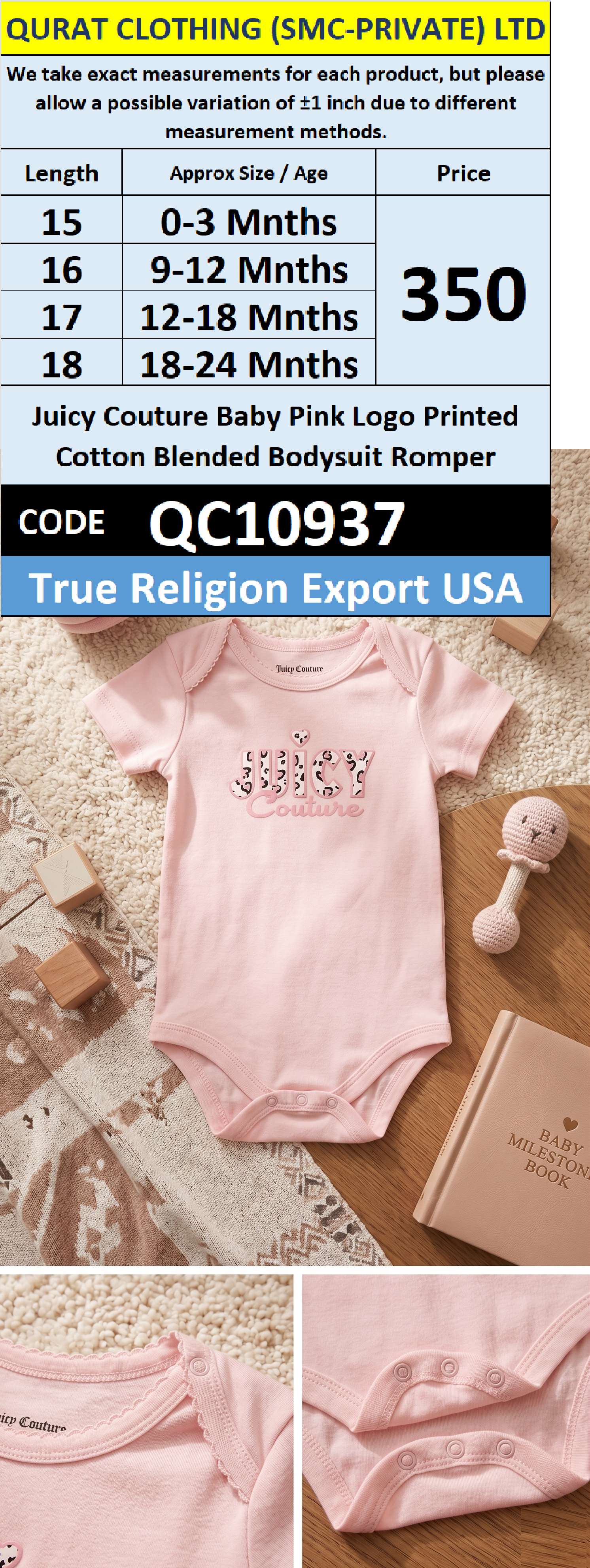 Juicy Couture Baby Pink Logo Printed Cotton Blended Bodysuit Romper QC10937 – Export USA
