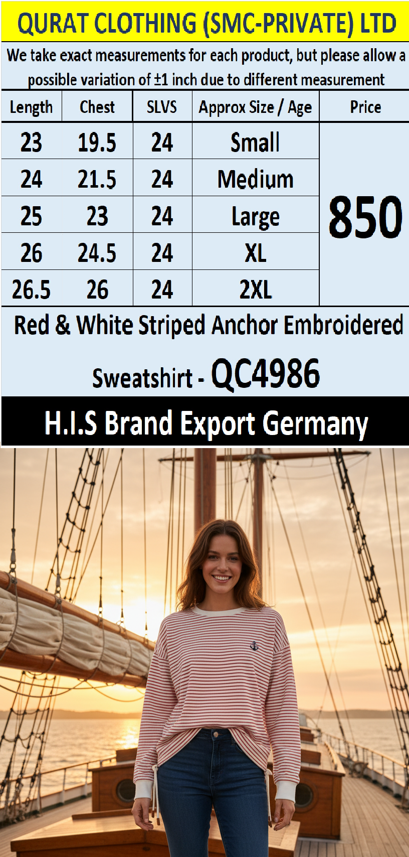 H.I.S Brand Red & White Striped Anchor Embroidered Sweatshirt QC4986 – Export Germany